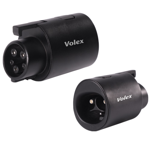 Black Volex NACS/J3400 to J1772 AC charging adapter shown from both connector ends