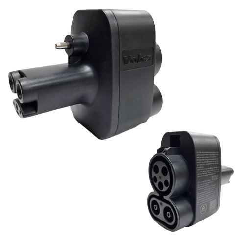 Black Volex CCS1 to NACS/J3400 DC fast charging adapter shown from both connector ends