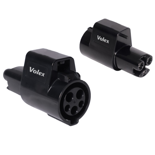 Black Volex J1772 to NACS/J3400 AC charging adapter shown from both connector ends