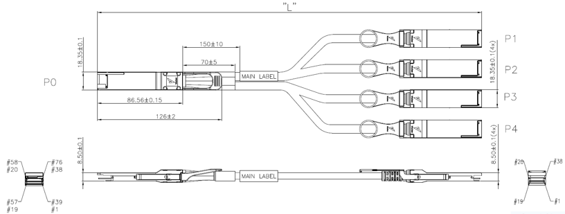 QSFP-DD to 4x QSFP56-SFP-DD Passive Breakout DAC Cabl Drawing