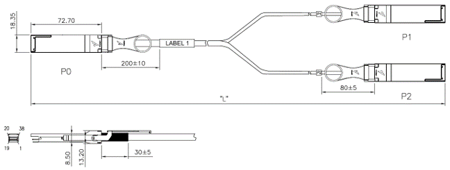 QSFP28 to 2x QSFP28 Active Breakout DAC Cable Drawing