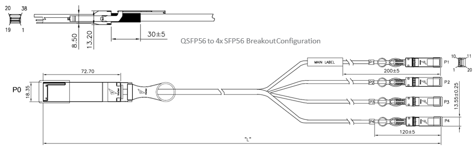 QSFP56 to 4x SFP56 Active Breakout DAC Cable Drawing