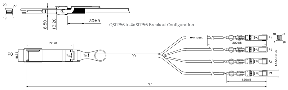 QSFP56 to 4x SFP56 Active Breakout DAC Cable Drawing QSFP56 to 4x SFP56 Active Breakout DAC Cable Drawing